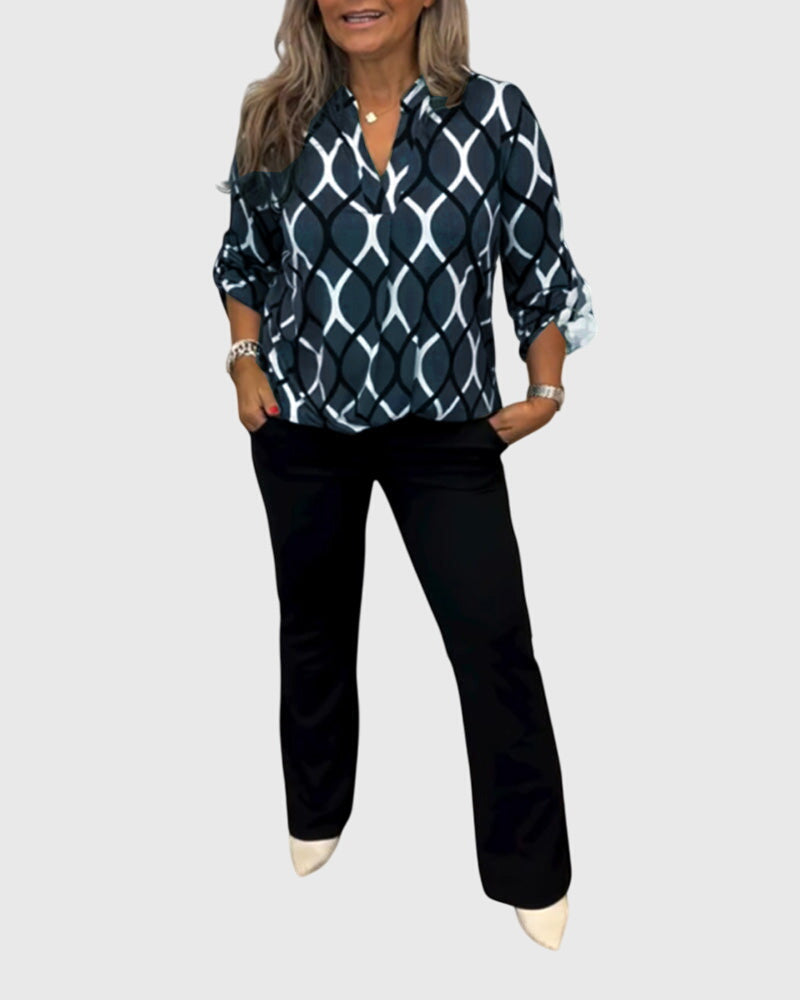 Blue Crinkle Cotton V-Neck Button-Front Blouse for Women