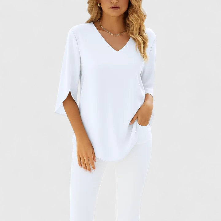 White Floral Applique Mock Neck Short Sleeve Blouse