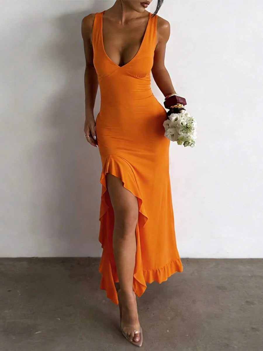 ROUGÉA – Asymmetrical V-Neck Backless Maxi Dress