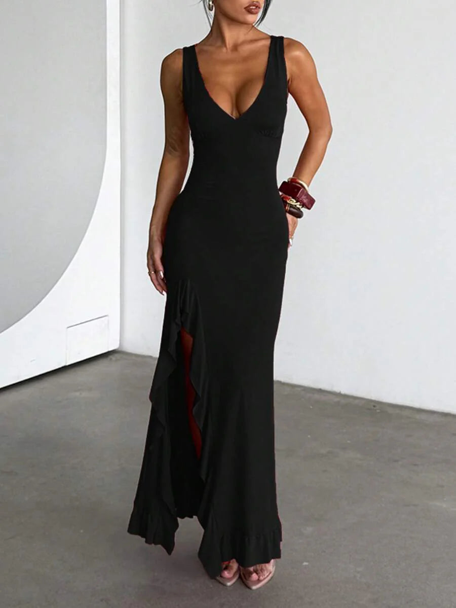ROSÉVA – Asymmetrical Ruffle Hem V-Neck Maxi Dress