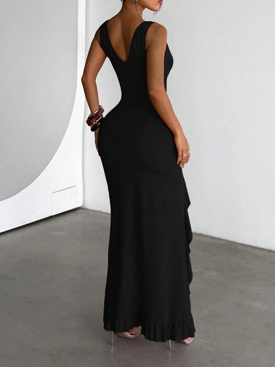 ROSÉVA – Asymmetrical Ruffle Hem V-Neck Maxi Dress