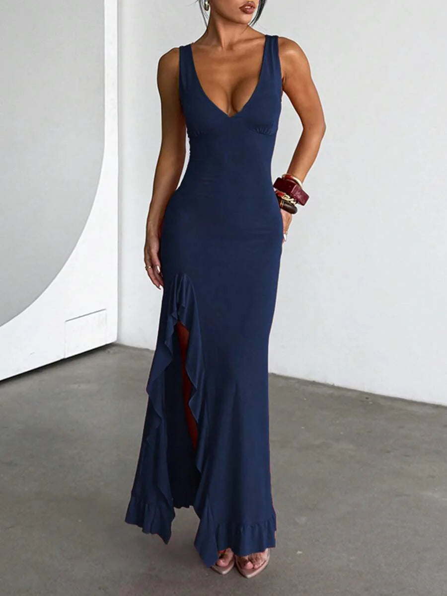 ROUGÉA – Asymmetrical V-Neck Backless Maxi Dress