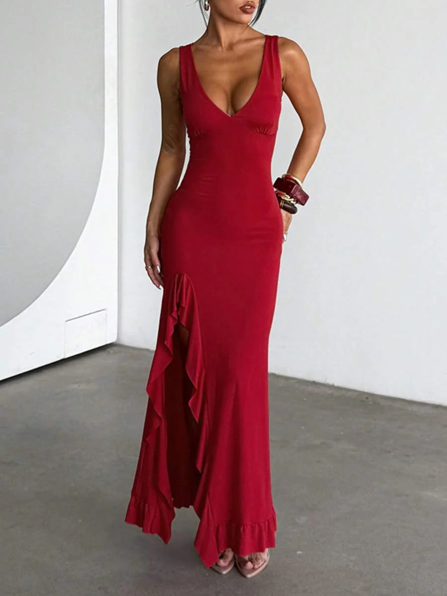 ROUGÉA – Asymmetrical V-Neck Backless Maxi Dress