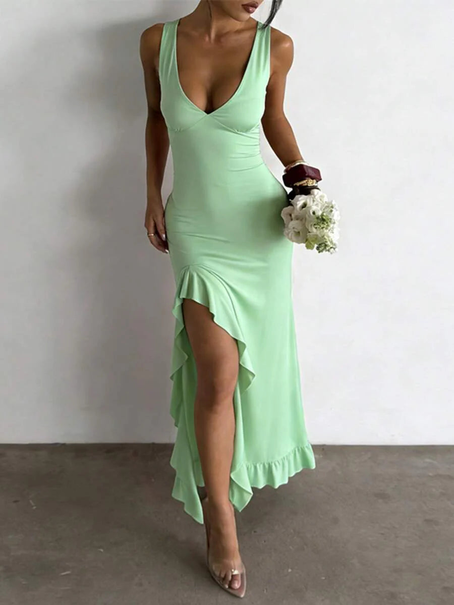 ROUGÉA – Asymmetrical V-Neck Backless Maxi Dress