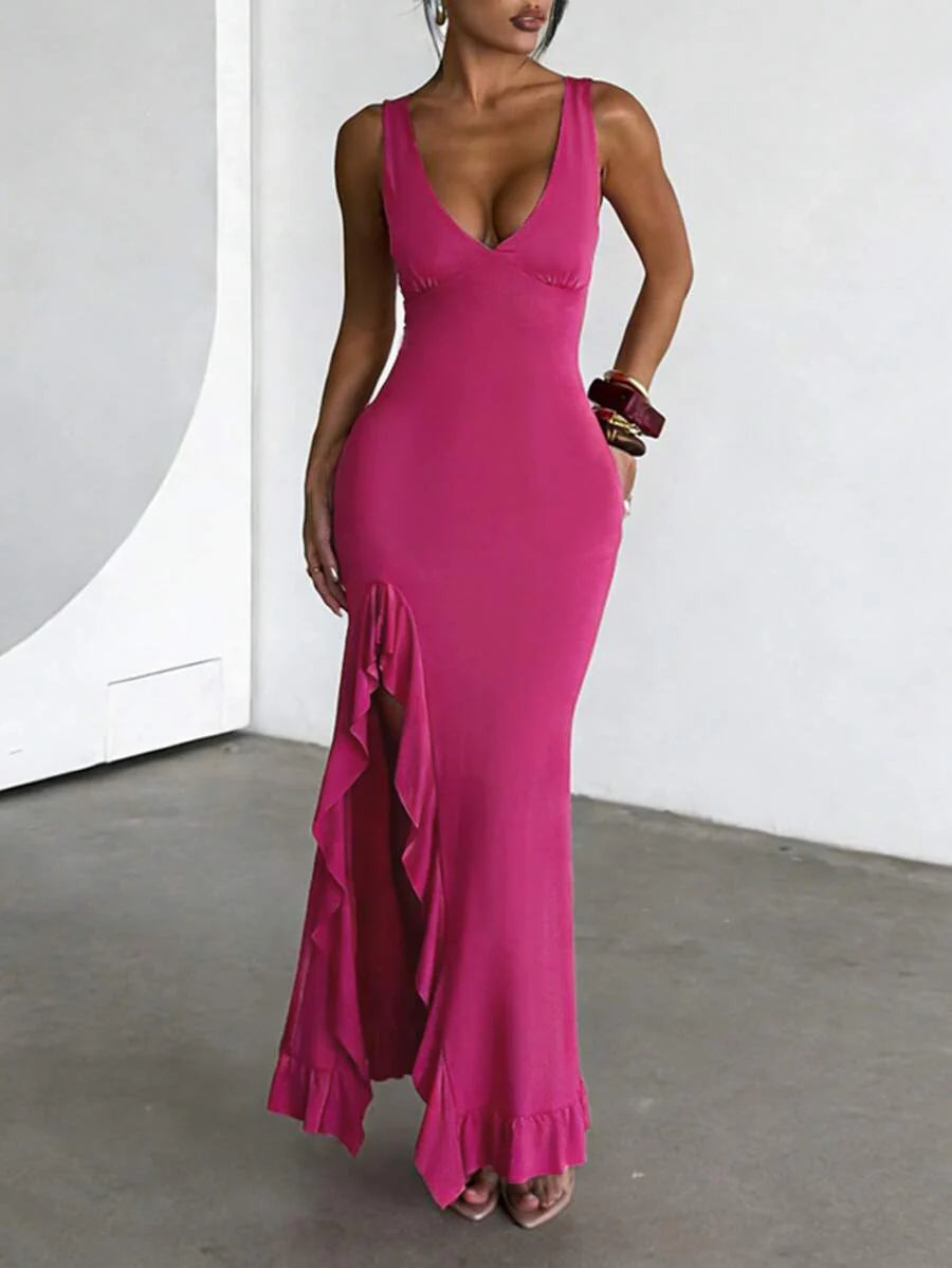 ROSÉVA – Asymmetrical Ruffle Hem V-Neck Maxi Dress