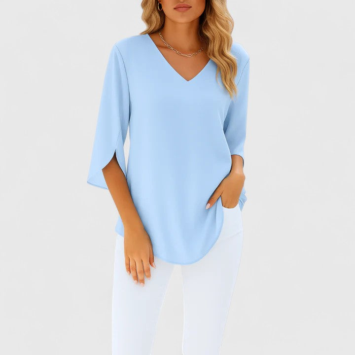 White Floral Applique Mock Neck Short Sleeve Blouse
