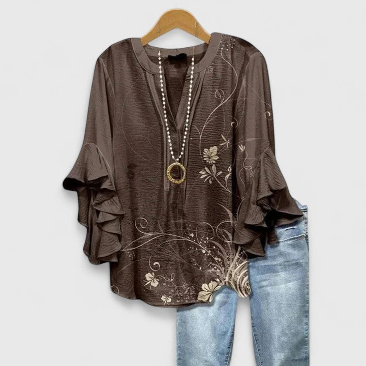 Cream Blue Floral Ruffle Bell Sleeve Notch Blouse