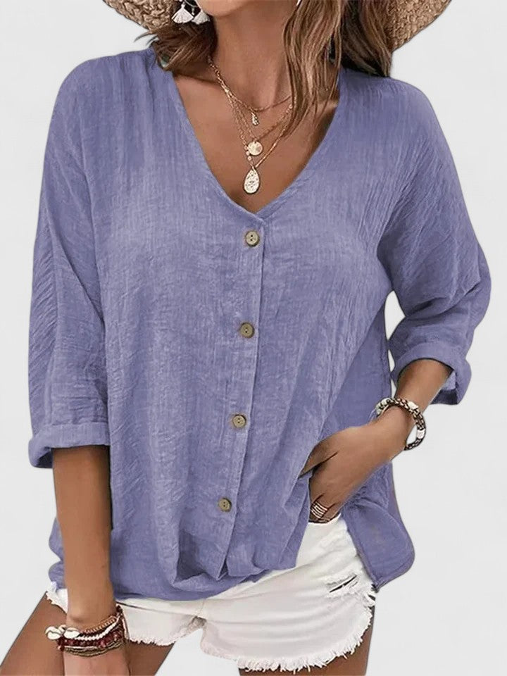Black V-Neck Tunic Top with Split Bell Sleeves for Women