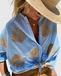 Sage Green Botanical Print Button-Down Blouse for Women