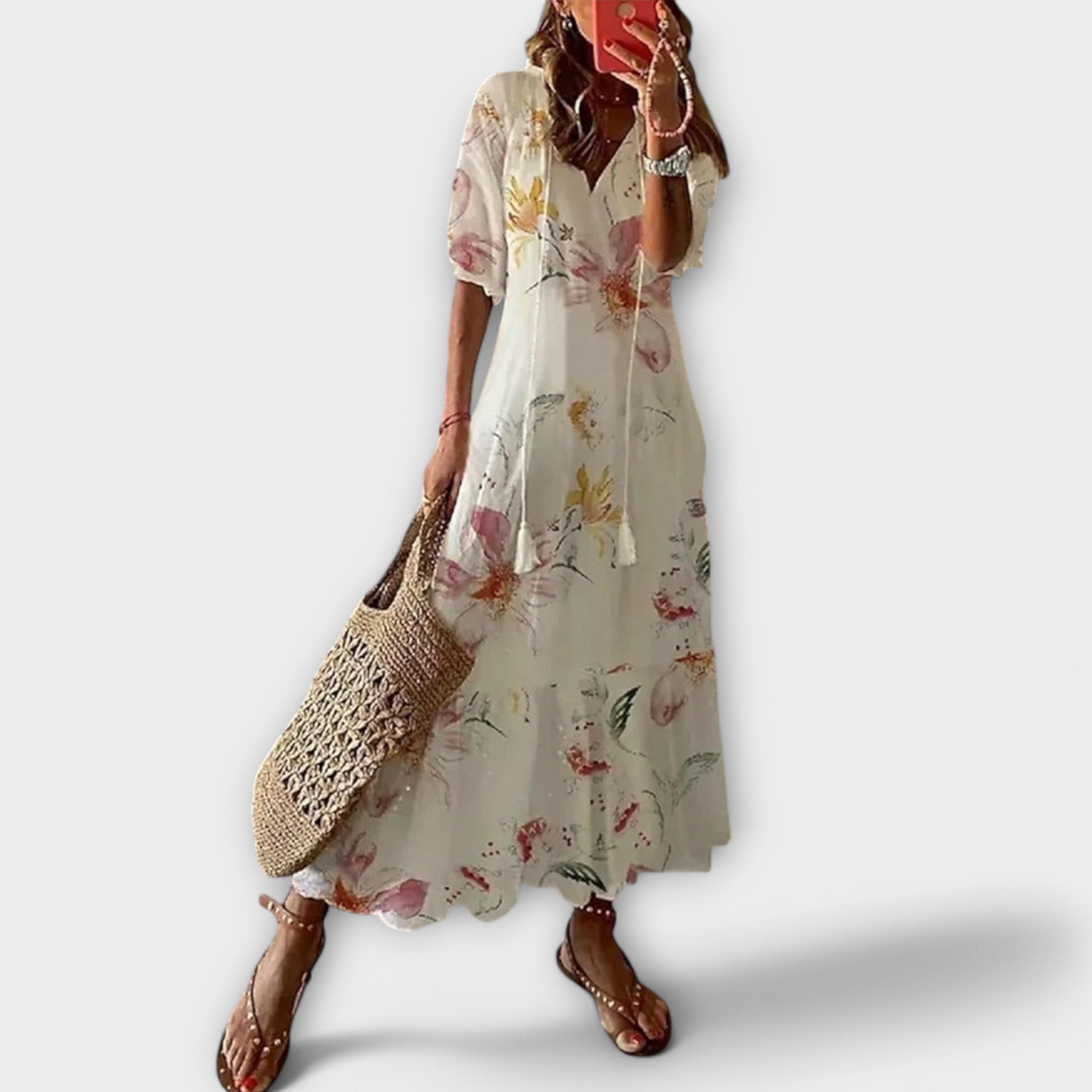 Sky Blue Ikat Damask V-Neck Tiered Maxi Dress