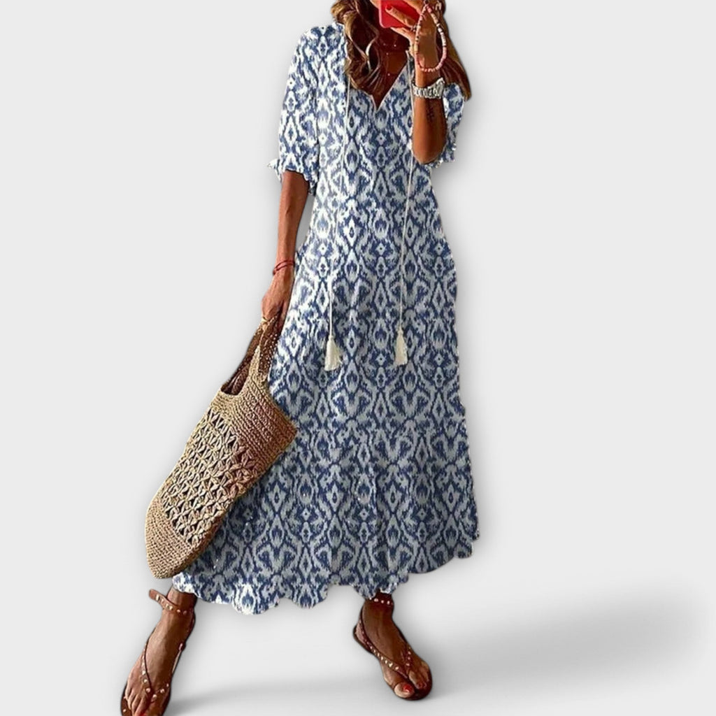 Sky Blue Ikat Damask V-Neck Tiered Maxi Dress